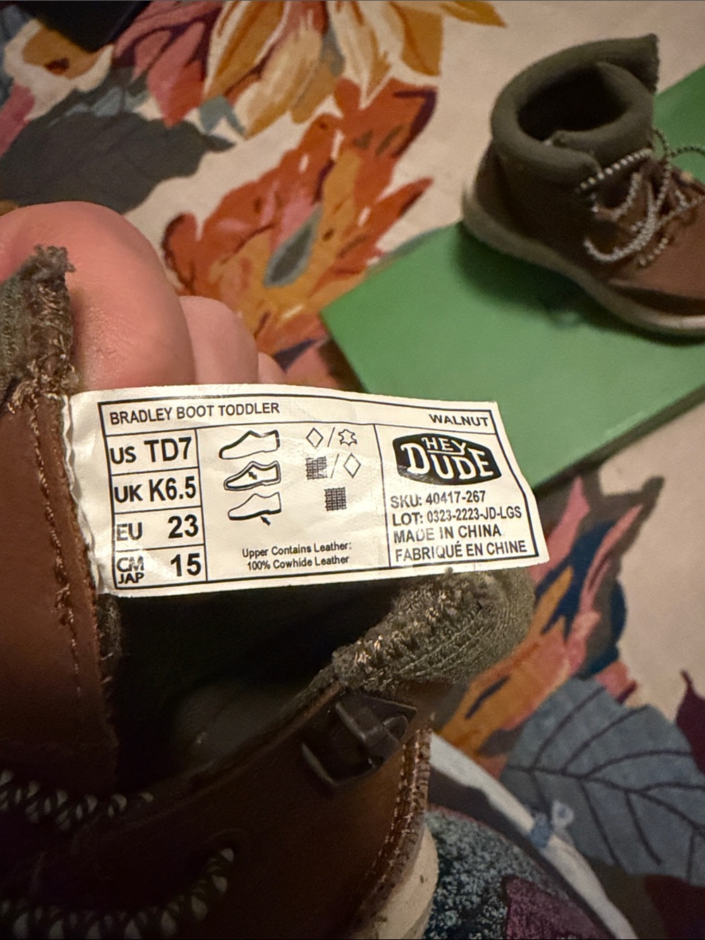 Hey Dude Brown Toddler Boots with Olive Knit Collar and Speckled White Sole - Picture 3 of 3